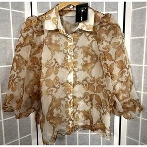 Fashion Nova Top Blouse Womens Medium Sheer Puff Sleeve Romantic Chic NWT